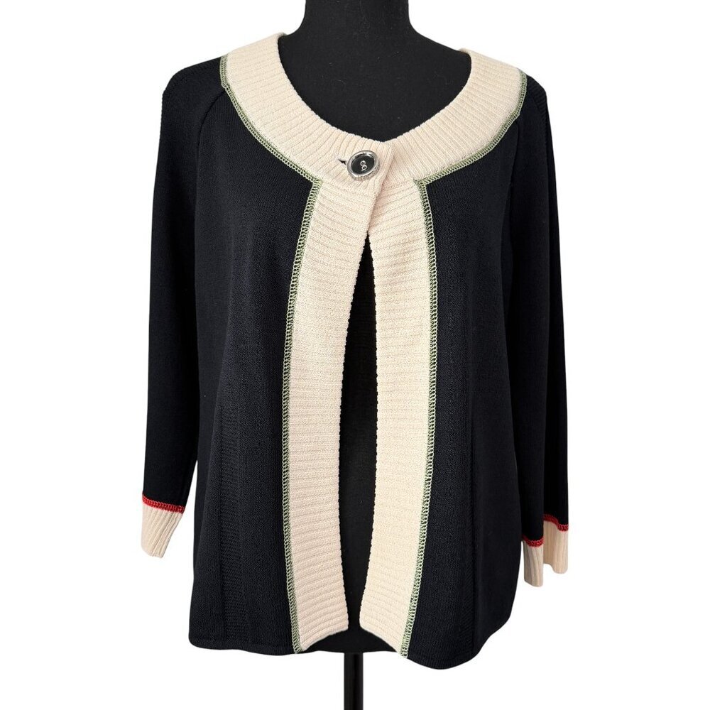 ST. JOHN Sport Wool Cardigan Sweater Black Cream Button Front Small - Picture 2 of 12